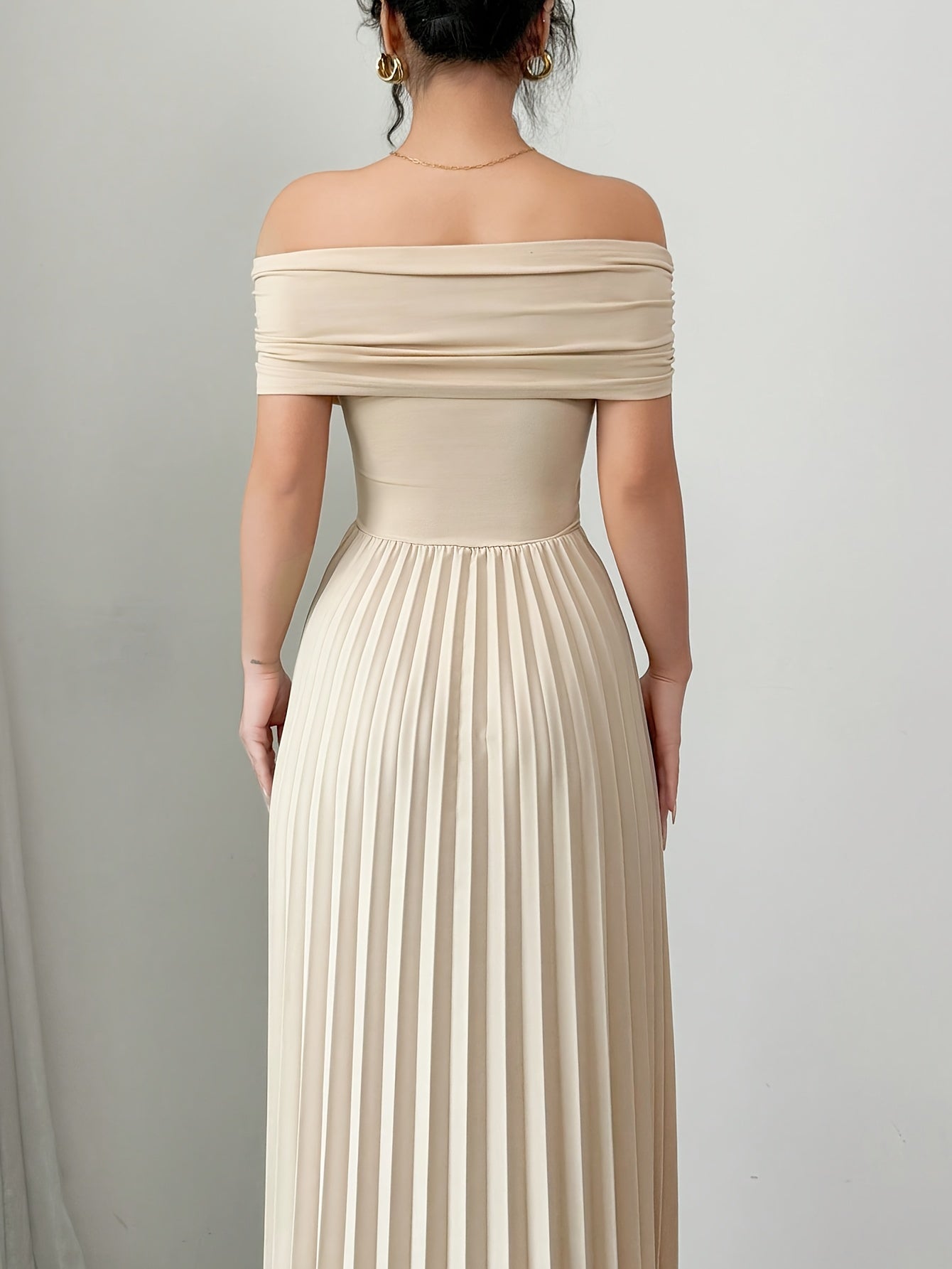 Elegant Off-Shoulder Beige Maxi Dress with Ruched Detail - Perfect for Adult Women, All-Season Fashion, Strapless, A-Line Silhouette, Elegant Attire|Ruched Detail Dress|Strapless Design